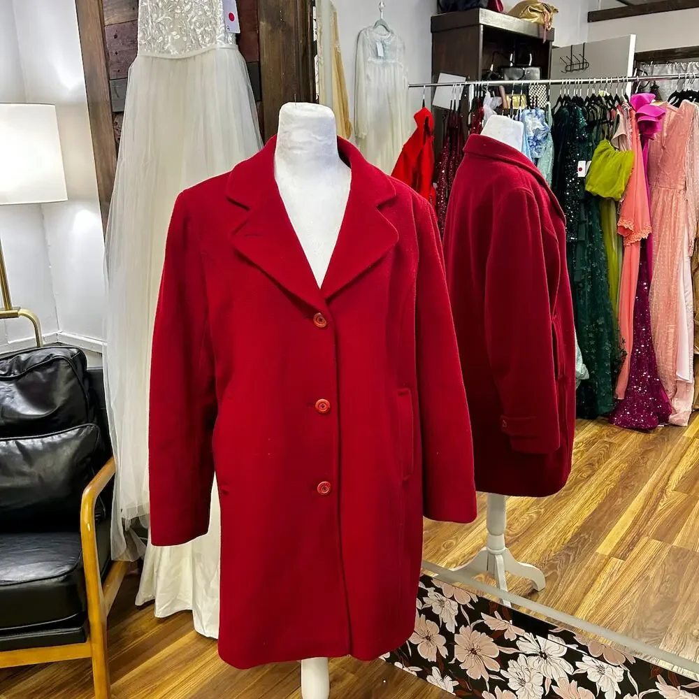 L.L. Bean 100% Lambswool Vintage Red Winter Coat 14 New England Quiet Luxury - Picture 4 of 10
